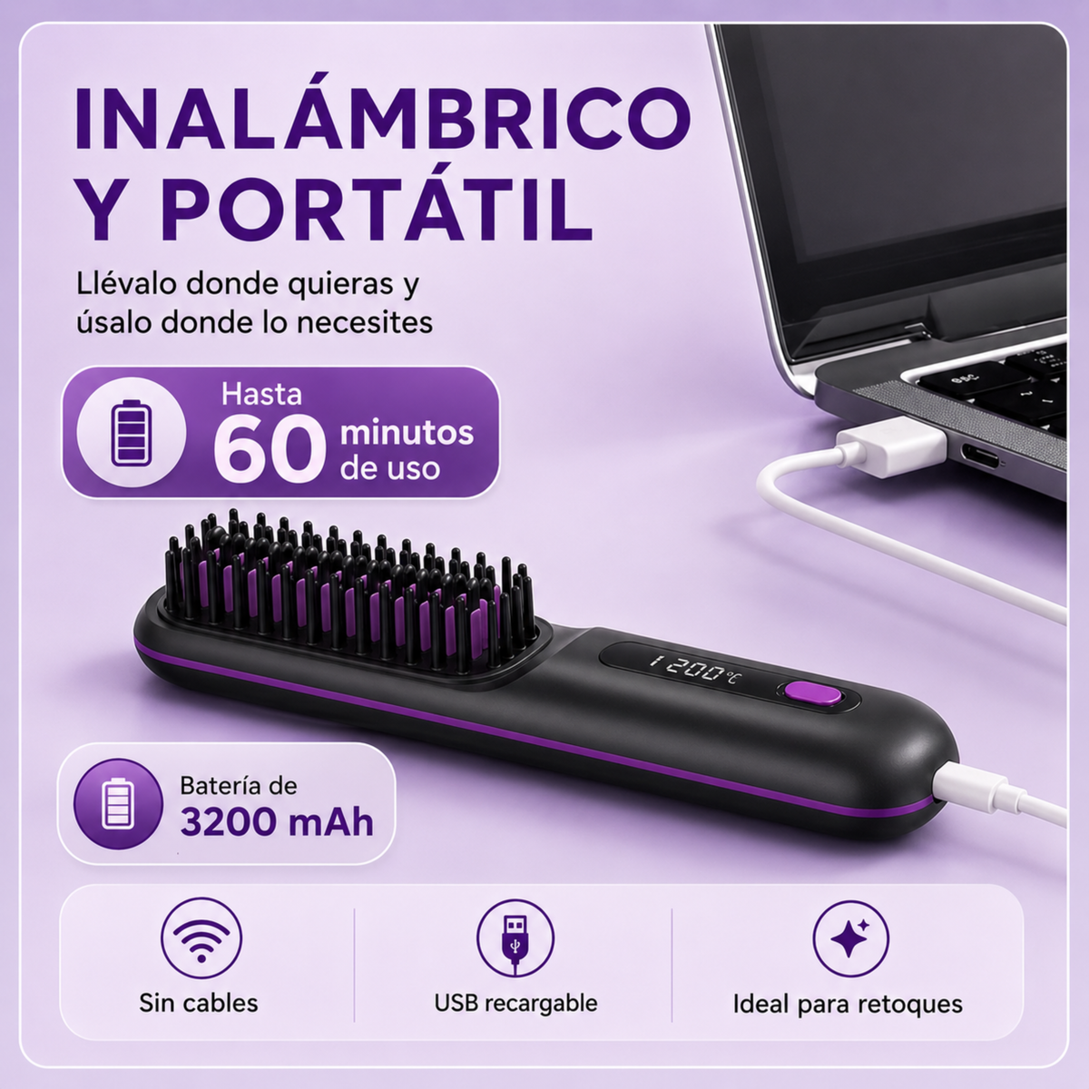 Cepillo alisador de pelo inalámbrico